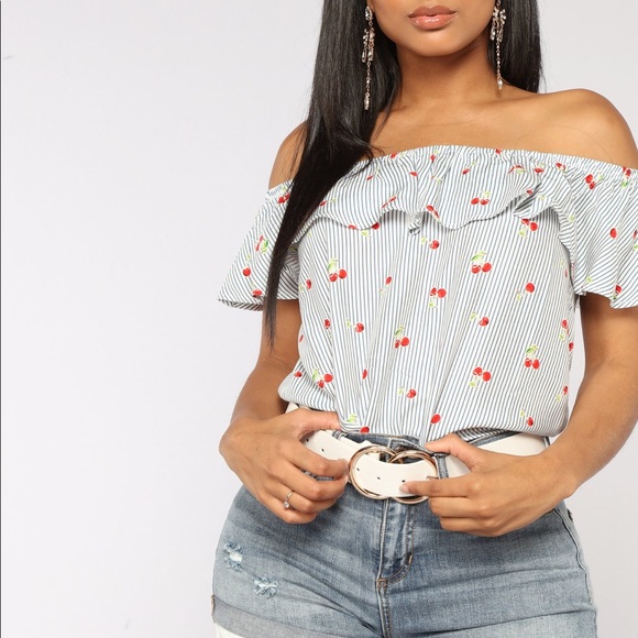 Fashion Nova Tops - 🆕 Cherry Printed Stripes Ruffle Off Shoulder Top